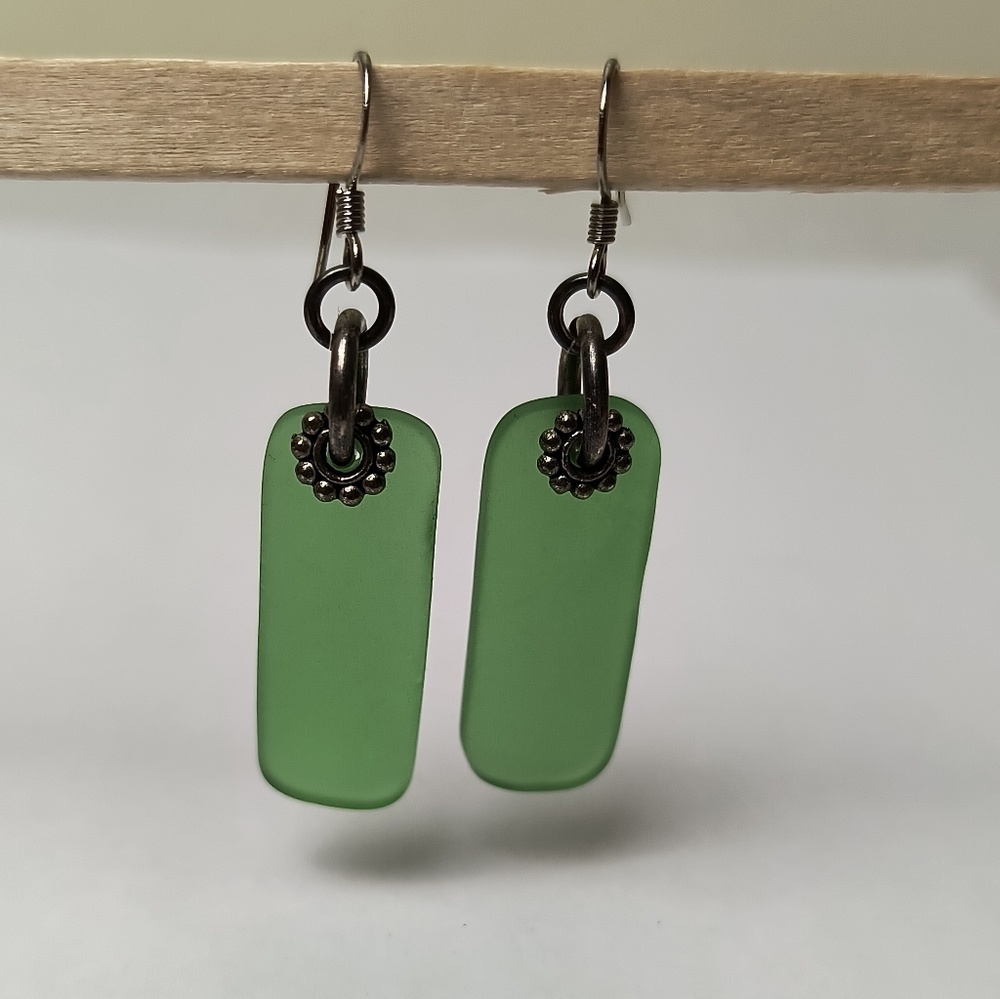Sea Glass Forest Green Rectangular Drop Earrings with Antiqued Accents